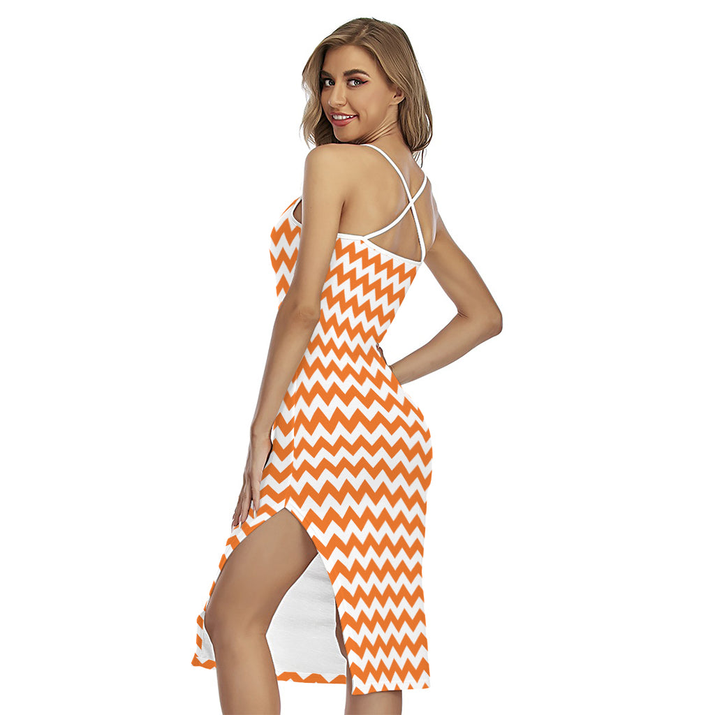 Orange And White Chevron Pattern Print Cross Back Cami Dress