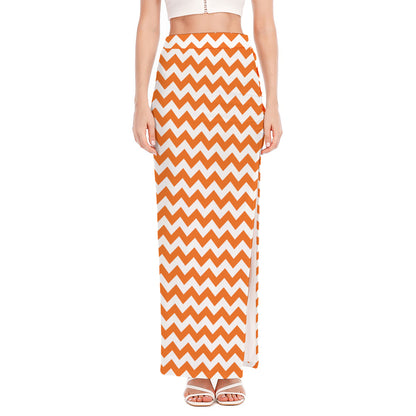 Orange And White Chevron Pattern Print High Slit Maxi Skirt