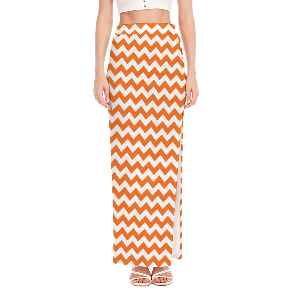 Orange And White Chevron Pattern Print High Slit Maxi Skirt