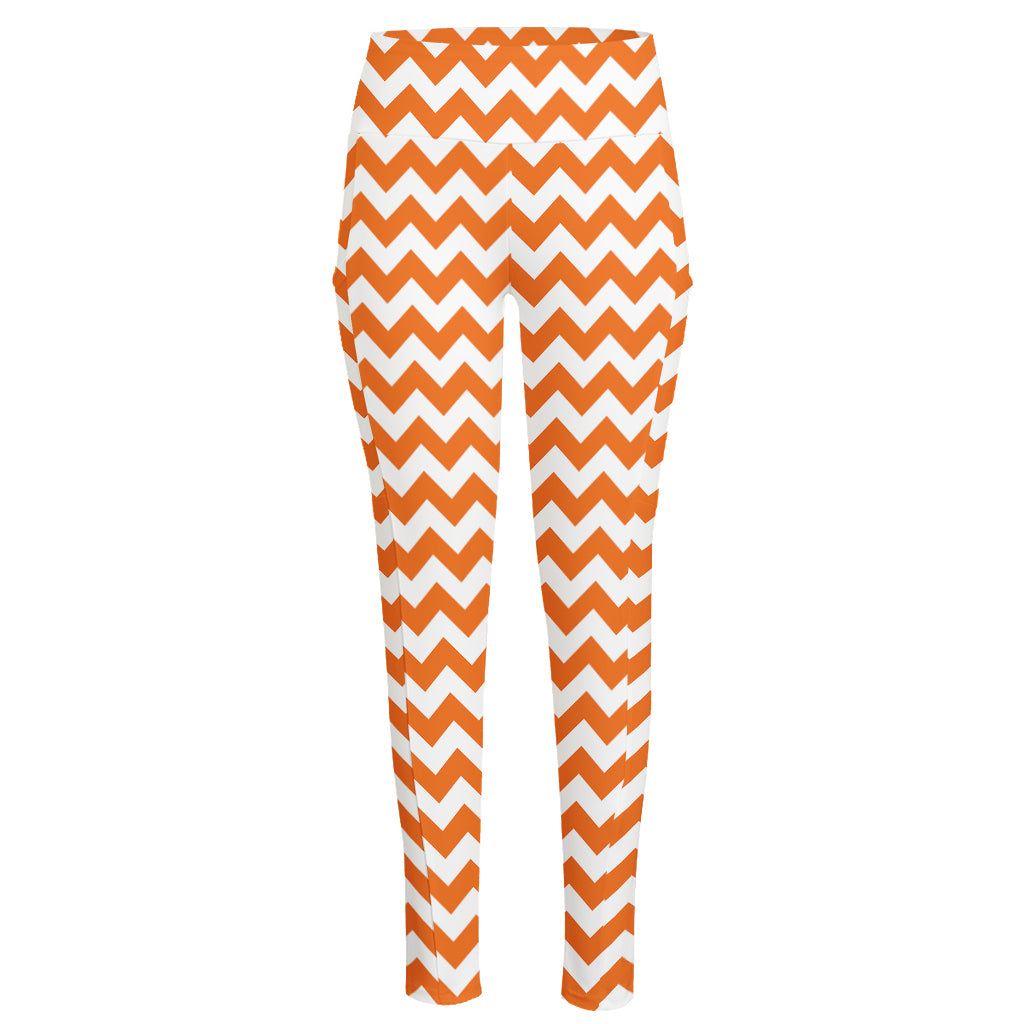 Orange And White Chevron Pattern Print High-Waisted Pocket Leggings