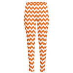 Orange And White Chevron Pattern Print High-Waisted Pocket Leggings