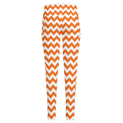 Orange And White Chevron Pattern Print High-Waisted Pocket Leggings