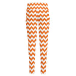 Orange And White Chevron Pattern Print High-Waisted Pocket Leggings