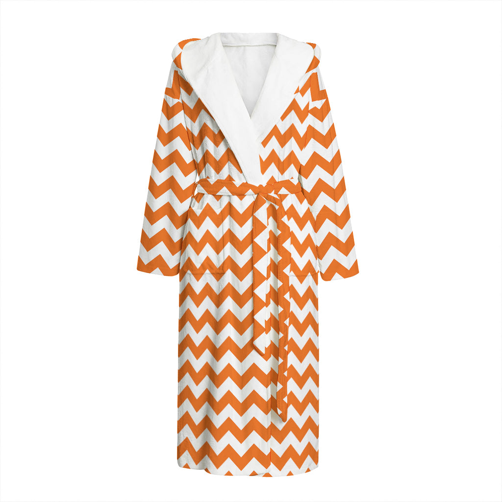 Orange And White Chevron Pattern Print Hooded Bathrobe