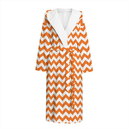Orange And White Chevron Pattern Print Hooded Bathrobe