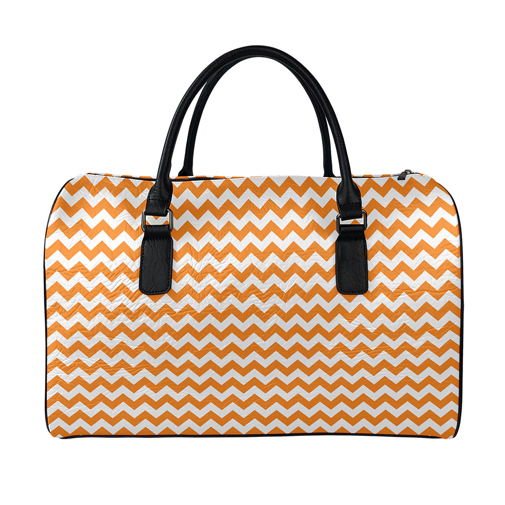 Orange And White Chevron Pattern Print Leather Duffle Bag
