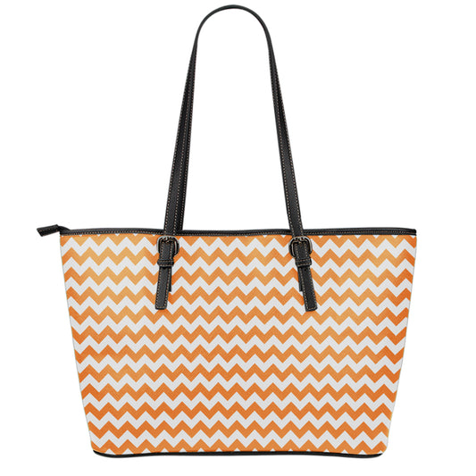 Orange And White Chevron Pattern Print Leather Tote Bag