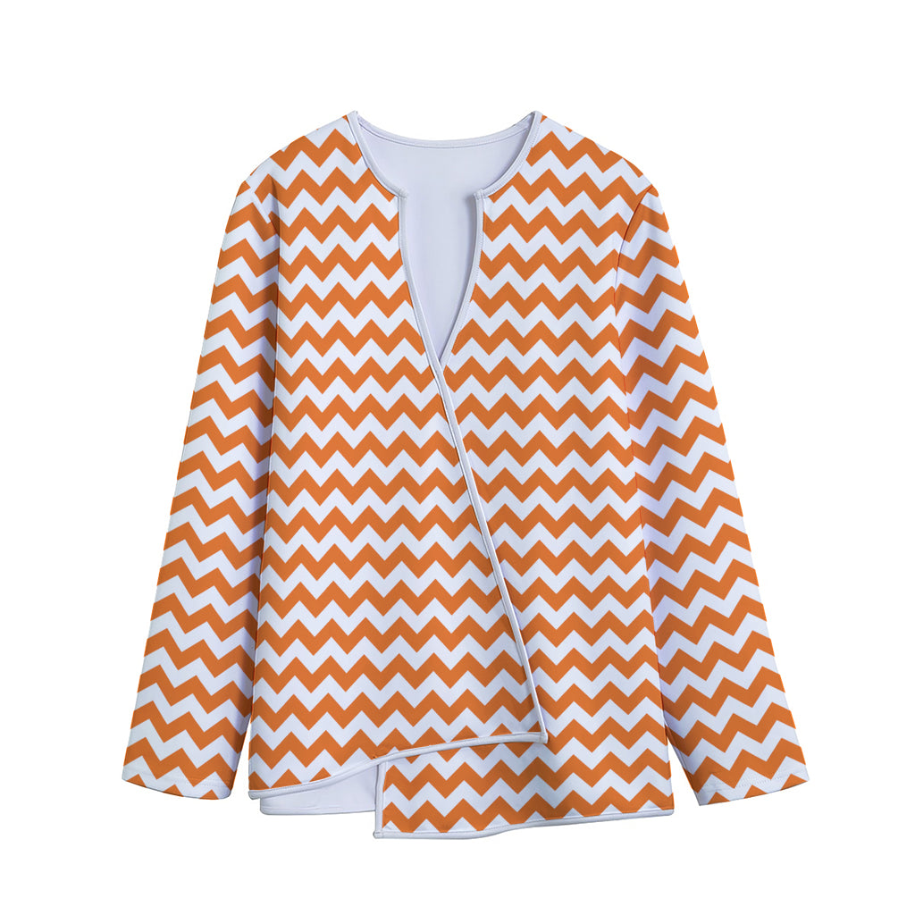 Orange And White Chevron Pattern Print Long Sleeve Short Coat