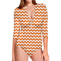 Orange And White Chevron Pattern Print Long Sleeve Swimsuit