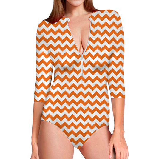 Orange And White Chevron Pattern Print Long Sleeve Swimsuit