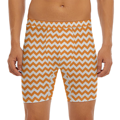 Orange And White Chevron Pattern Print Men's Long Boxer Briefs