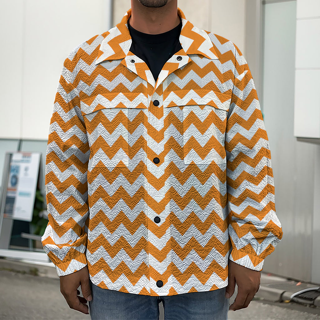 Orange And White Chevron Pattern Print Men's Shirt Jacket