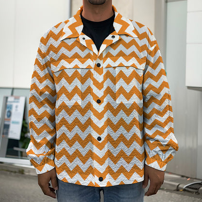 Orange And White Chevron Pattern Print Men's Shirt Jacket