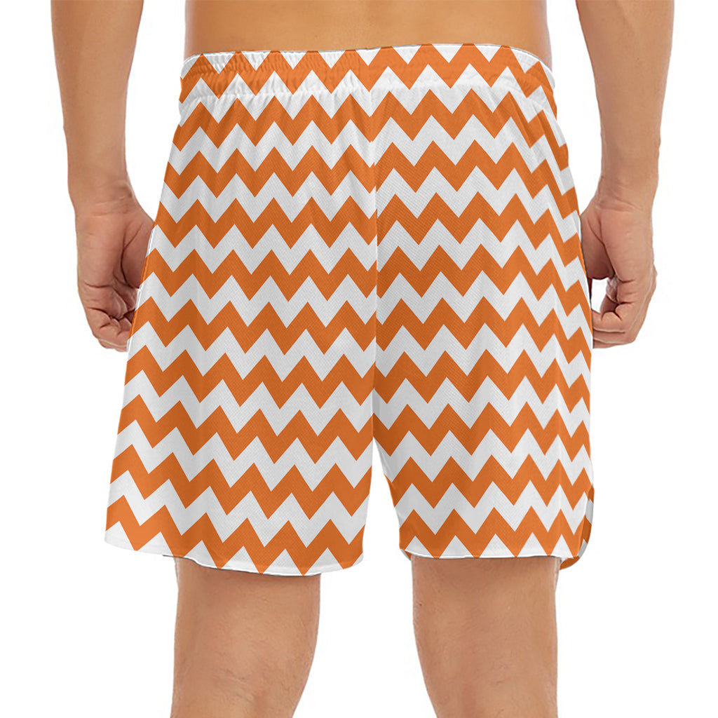 Orange And White Chevron Pattern Print Men's Split Running Shorts