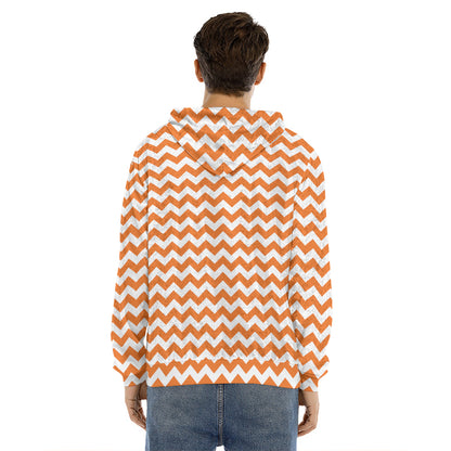 Orange And White Chevron Pattern Print Men's Velvet Pullover Hoodie