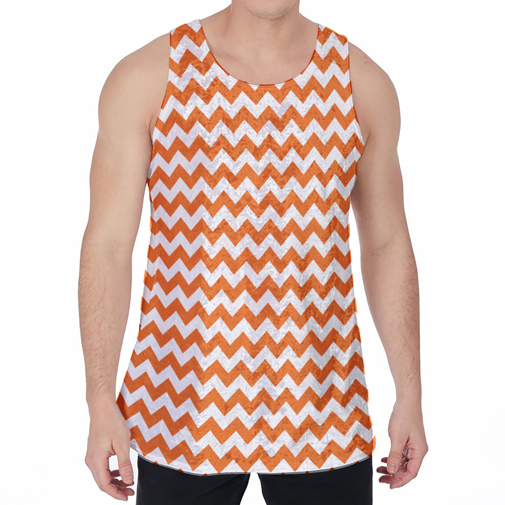 Orange And White Chevron Pattern Print Men's Velvet Tank Top