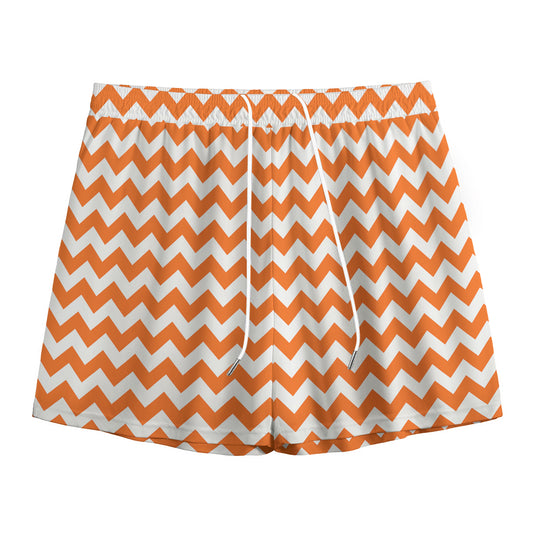 Orange And White Chevron Pattern Print Mesh Shorts