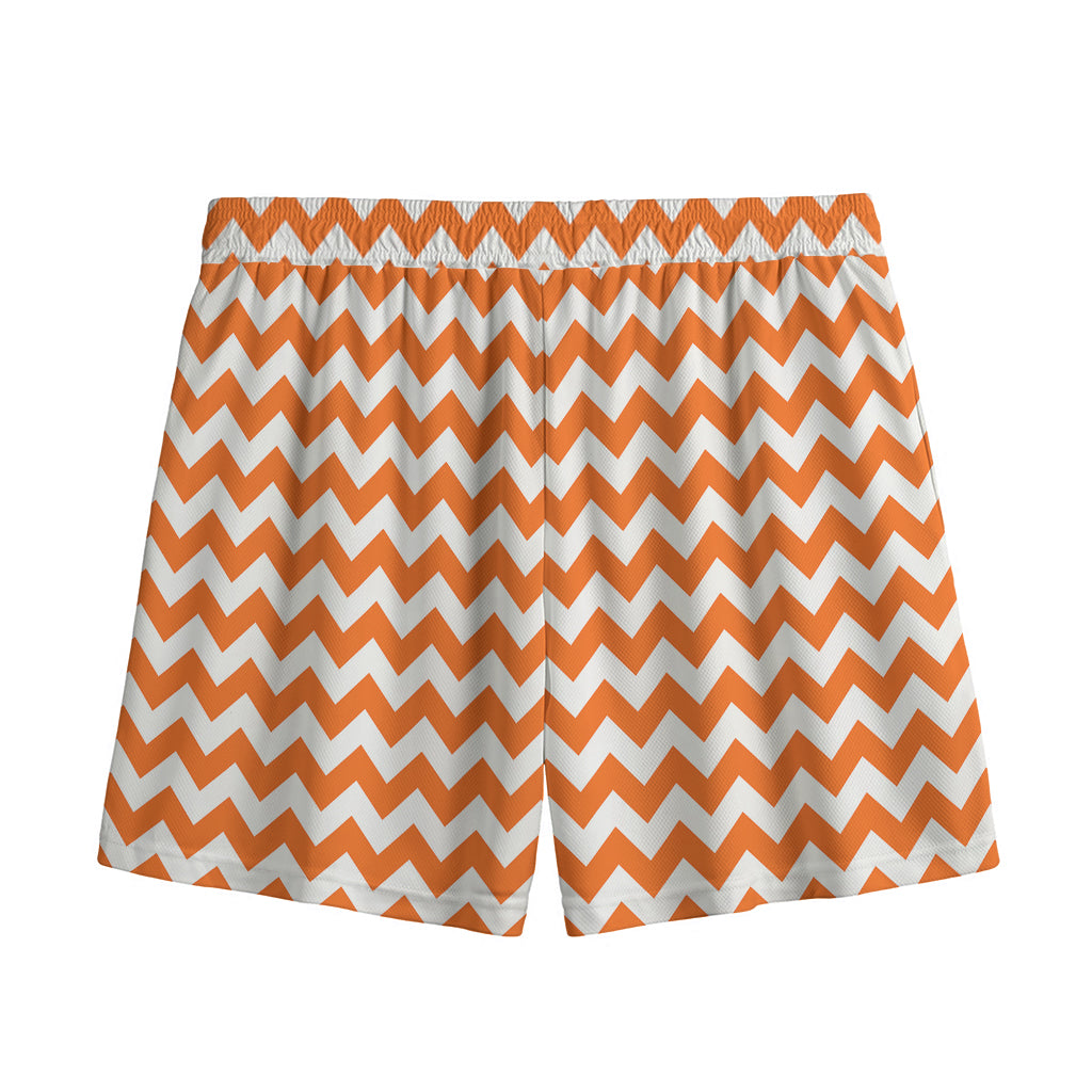 Orange And White Chevron Pattern Print Mesh Shorts