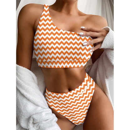 Orange And White Chevron Pattern Print One Shoulder Bikini Top