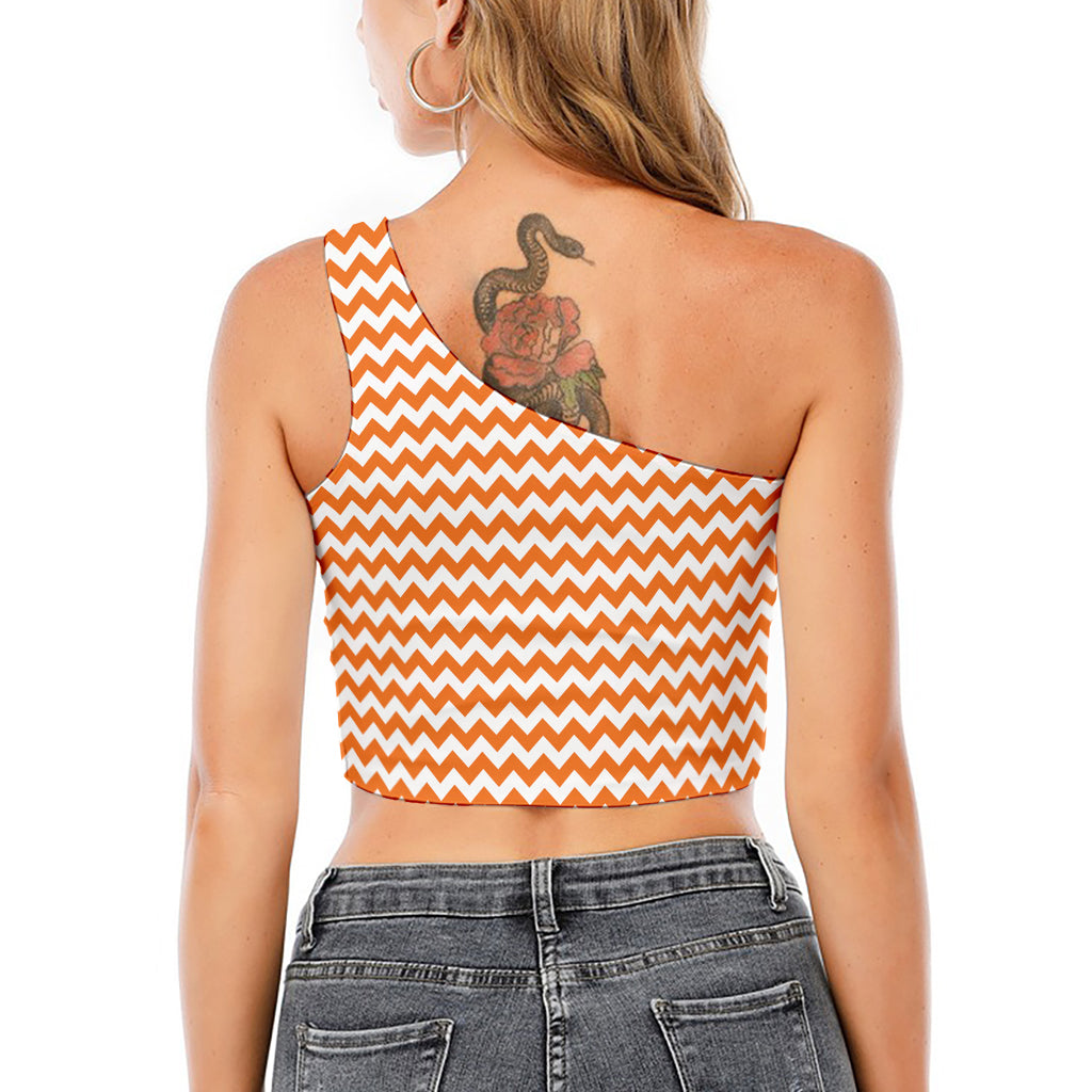Orange And White Chevron Pattern Print One Shoulder Crop Top