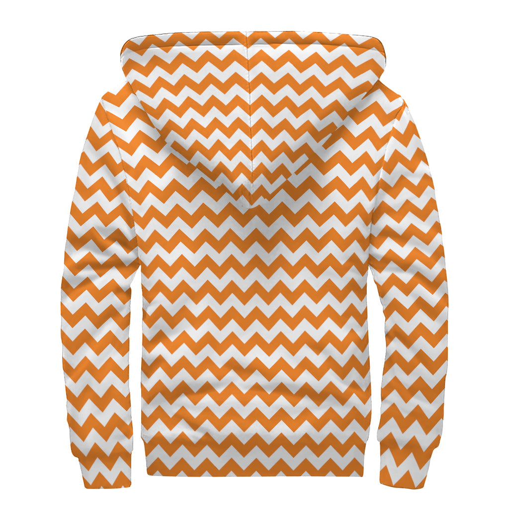 Orange And White Chevron Pattern Print Sherpa Lined Zip Up Hoodie