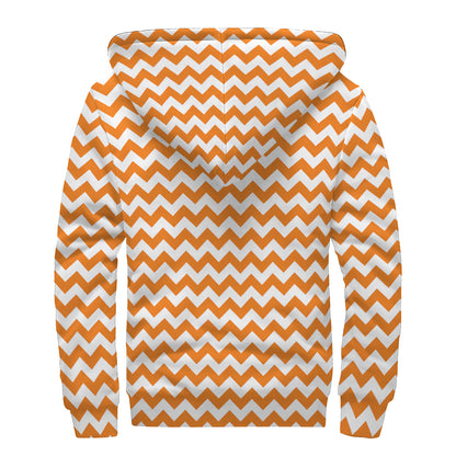 Orange And White Chevron Pattern Print Sherpa Lined Zip Up Hoodie