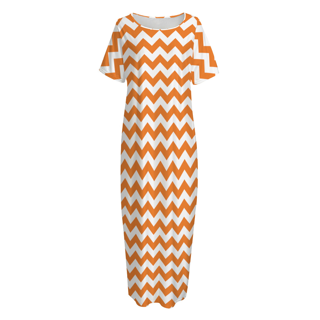 Orange And White Chevron Pattern Print Short Sleeve Long Nightdress