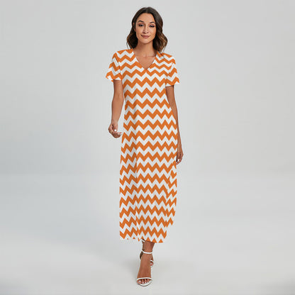 Orange And White Chevron Pattern Print Short Sleeve Maxi Dress