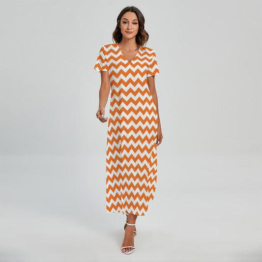 Orange And White Chevron Pattern Print Short Sleeve Maxi Dress