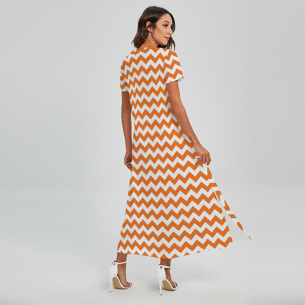 Orange And White Chevron Pattern Print Short Sleeve Maxi Dress