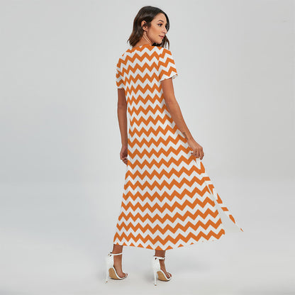 Orange And White Chevron Pattern Print Short Sleeve Maxi Dress