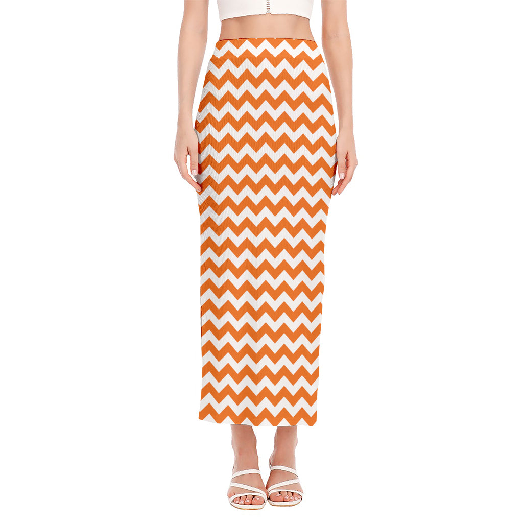 Orange And White Chevron Pattern Print Side Slit Maxi Skirt