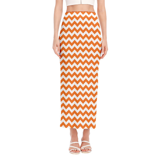Orange And White Chevron Pattern Print Side Slit Maxi Skirt
