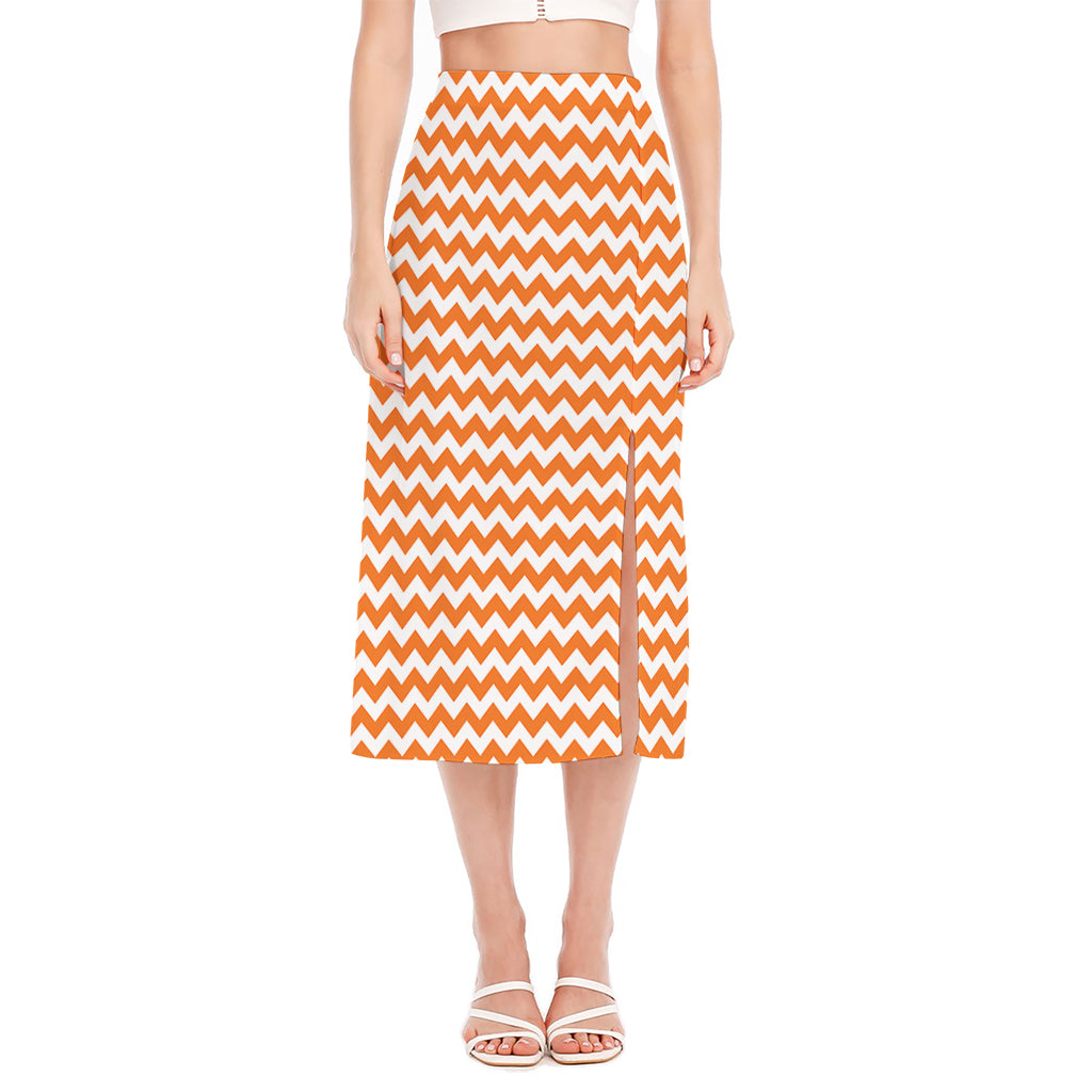Orange And White Chevron Pattern Print Side Slit Midi Skirt