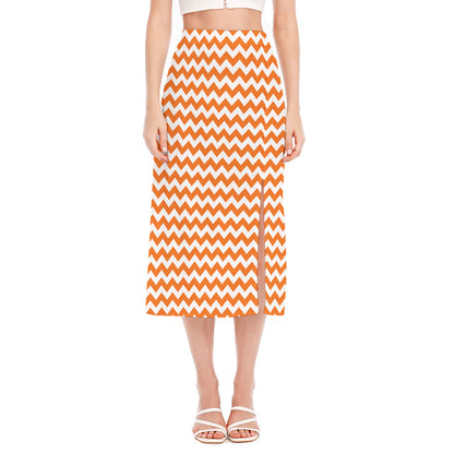 Orange And White Chevron Pattern Print Side Slit Midi Skirt
