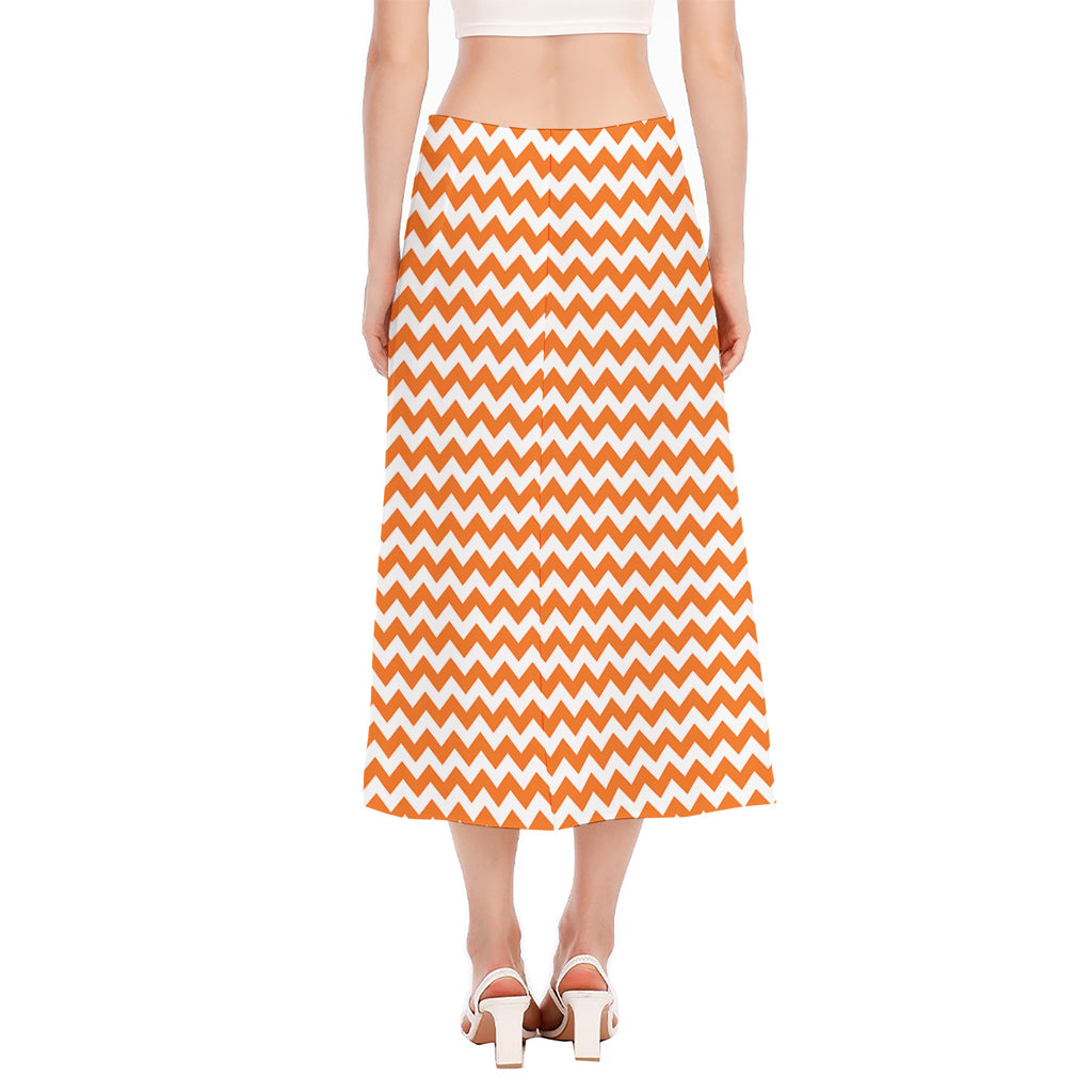 Orange And White Chevron Pattern Print Side Slit Midi Skirt