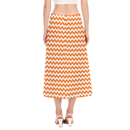Orange And White Chevron Pattern Print Side Slit Midi Skirt