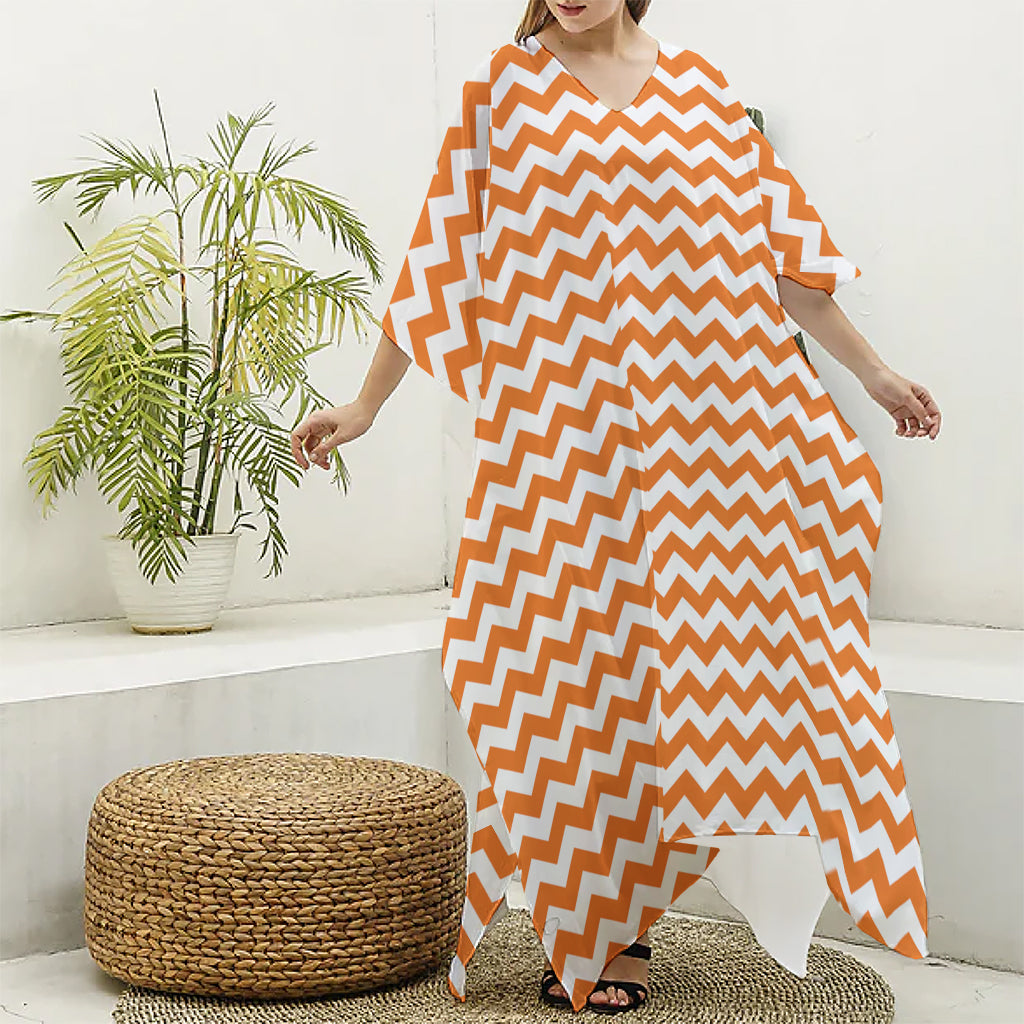 Orange And White Chevron Pattern Print Silk V-Neck Kaftan Dress