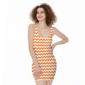 Orange And White Chevron Pattern Print Sleeveless Bodycon Dress