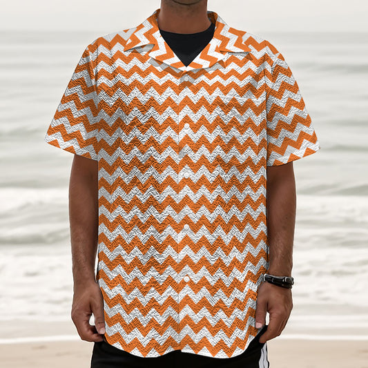 Orange And White Chevron Pattern Print Textured Short Sleeve Shirt