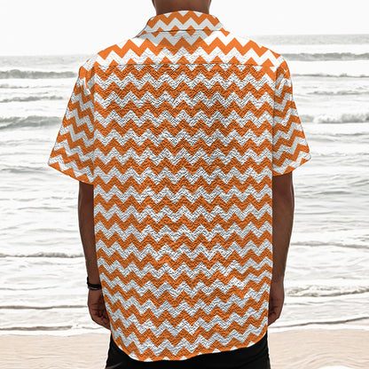 Orange And White Chevron Pattern Print Textured Short Sleeve Shirt