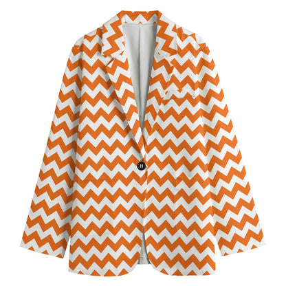 Orange And White Chevron Pattern Print Women's Cotton Blazer