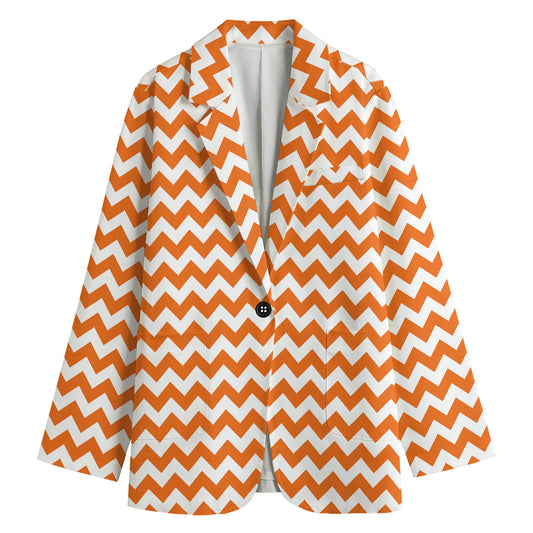 Orange And White Chevron Pattern Print Women's Cotton Blazer
