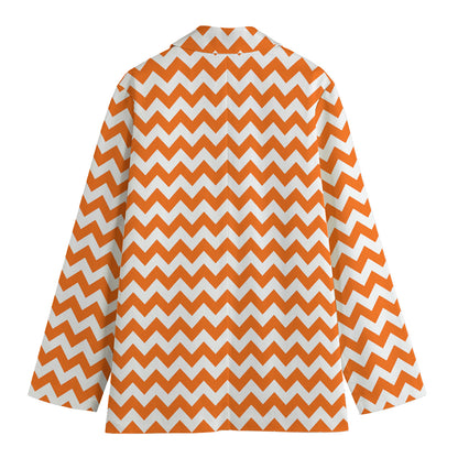 Orange And White Chevron Pattern Print Women's Cotton Blazer