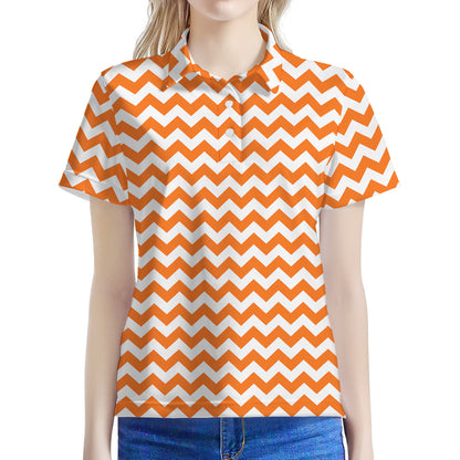 Orange And White Chevron Pattern Print Women's Polo Shirt