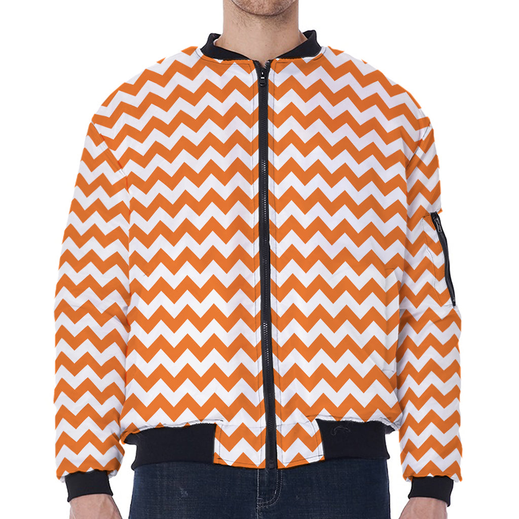 Orange And White Chevron Pattern Print Zip Sleeve Bomber Jacket