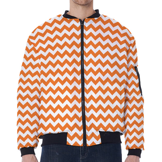 Orange And White Chevron Pattern Print Zip Sleeve Bomber Jacket