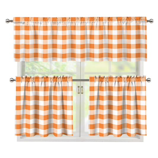 Orange And White Gingham Pattern Print 3 Piece Kitchen Curtains