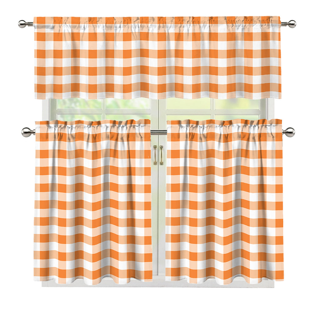 Orange And White Gingham Pattern Print 3 Piece Kitchen Curtains