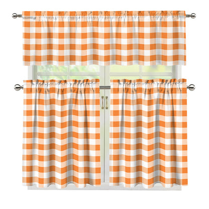 Orange And White Gingham Pattern Print 3 Piece Kitchen Curtains